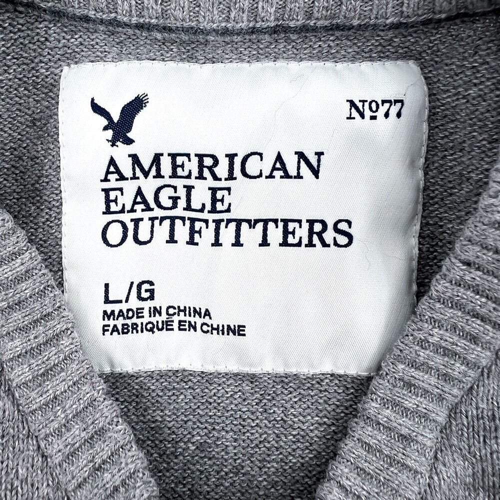 American Eagle AEO Sweater mens Large Grey Pullover V-Neck Logo Knit Outdoor - Picture 3 of 9